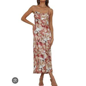 Floral party silk  Maxi Dress Womens  Cowl Neck Size XS Pink & Beige By Tsher